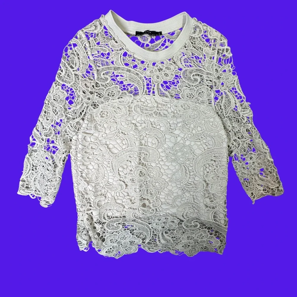 Zara Guipure Lace Top Cream Floral Paisley Coquette Romantic Size S Off-White